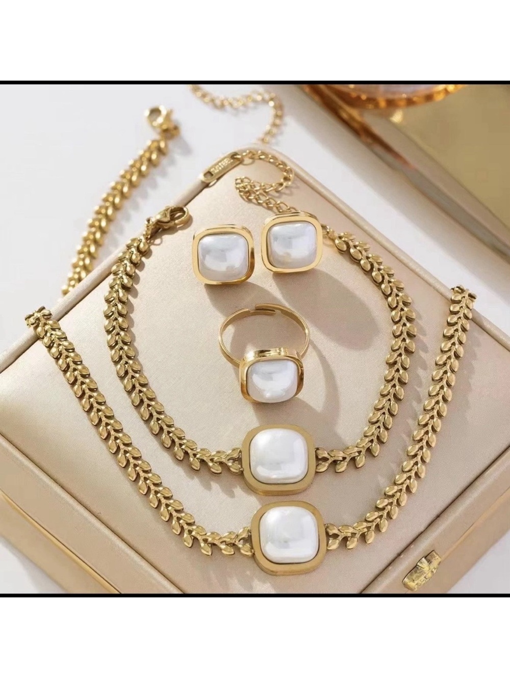Gold-Tone Earrings with White Square Cabochon Stones